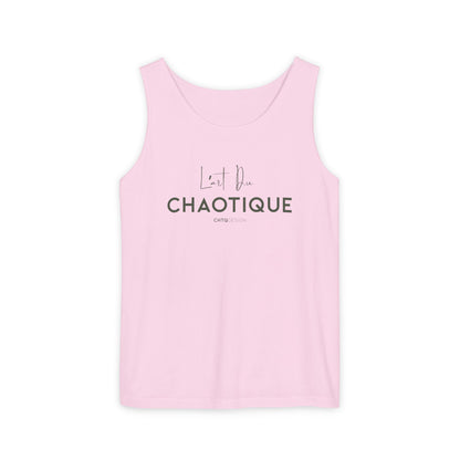 A light pink sleeveless tank top with 'L'art Du CHAOTIQUE' printed on the chest, displayed against a solid white background.
