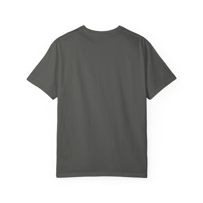 Backview of geen CHTQ Design T-shirt with gold “Pour Toi. Toujours CHIC” typography on the front.