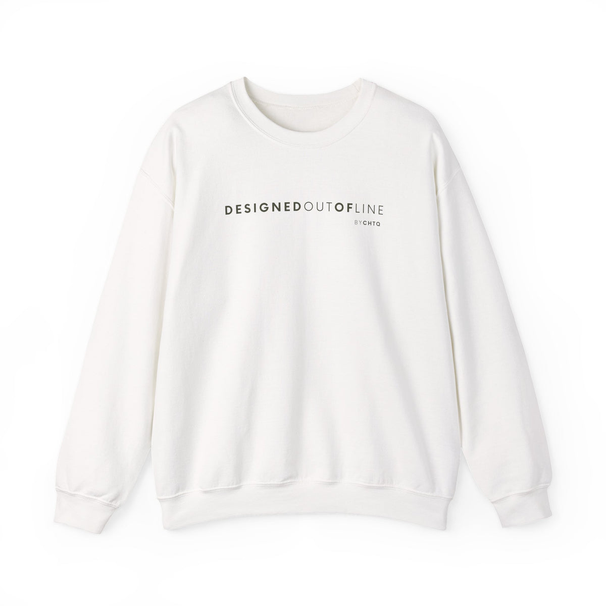 An off-white crewneck sweatshirt featuring black “DESIGNED OUT OF LINE” text across the chest, displayed against a clean white background.