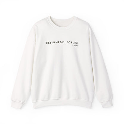 An off-white crewneck sweatshirt featuring black “DESIGNED OUT OF LINE” text across the chest, displayed against a clean white background.