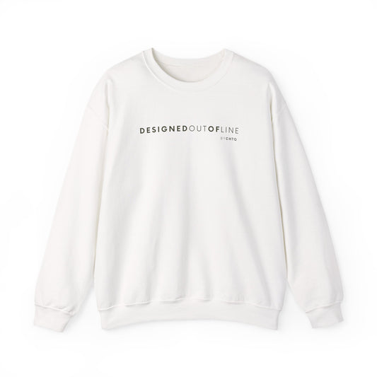 An off-white crewneck sweatshirt featuring black “DESIGNED OUT OF LINE” text across the chest, displayed against a clean white background.