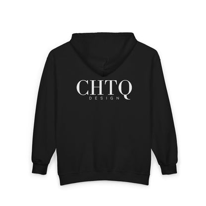 Black CHTQ Design zip-up hoodie with a large white CHTQ DESIGN graphic on the back, shown against a white background.