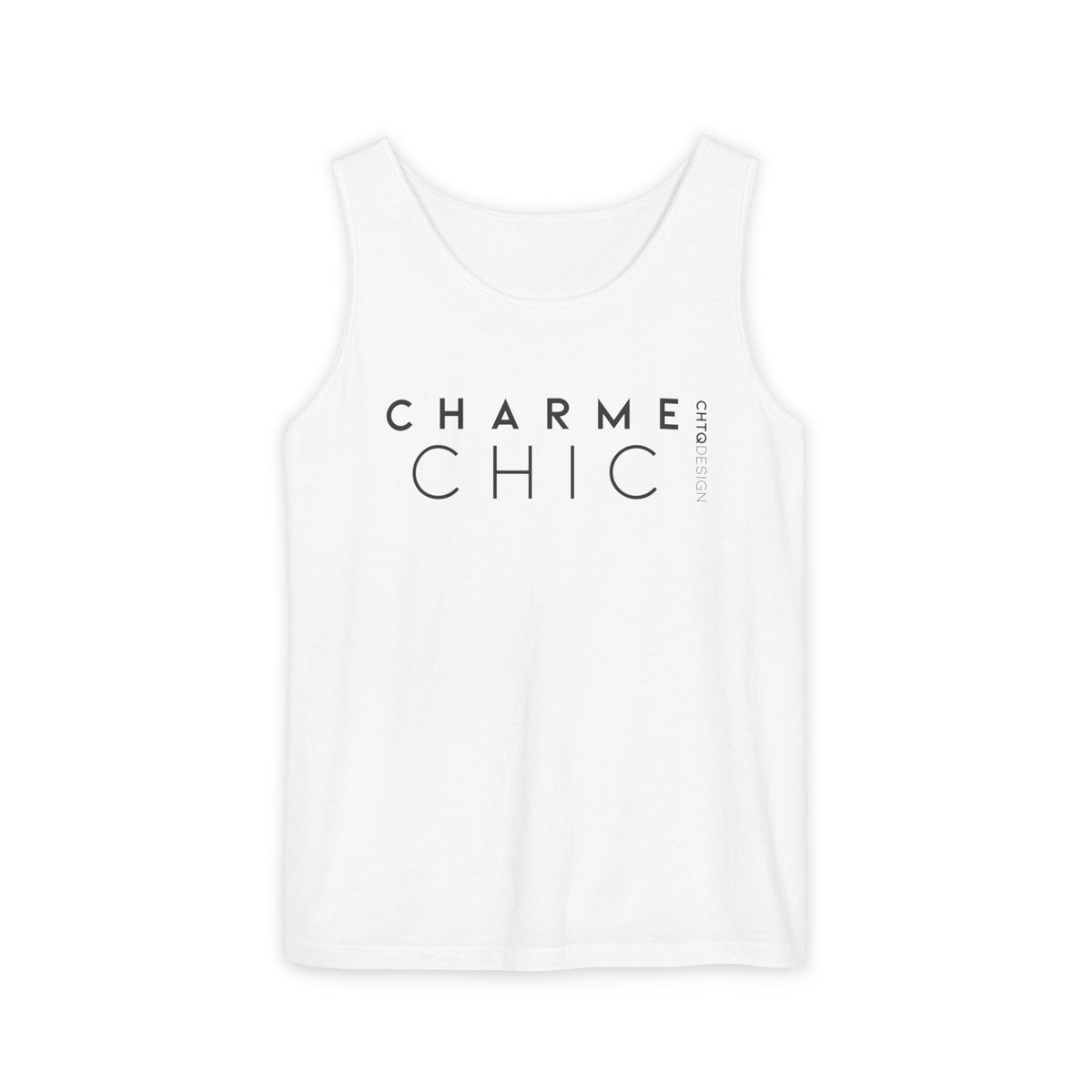 CHARME CHIC garment-dyed tank top in white with black CHTQ Design typography