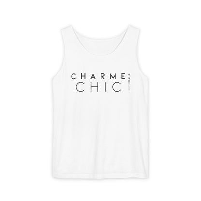 CHARME CHIC garment-dyed tank top in white with black CHTQ Design typography