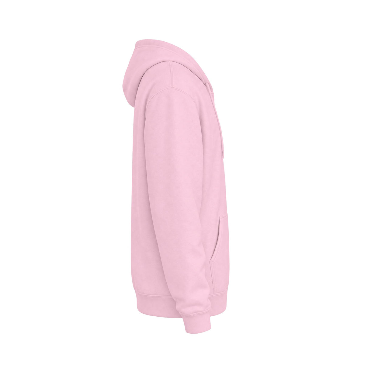 Side view of A pink pullover hoodie shown from the back, featuring the words 'D'ACCORD CHIC' printed in white across the upper back.