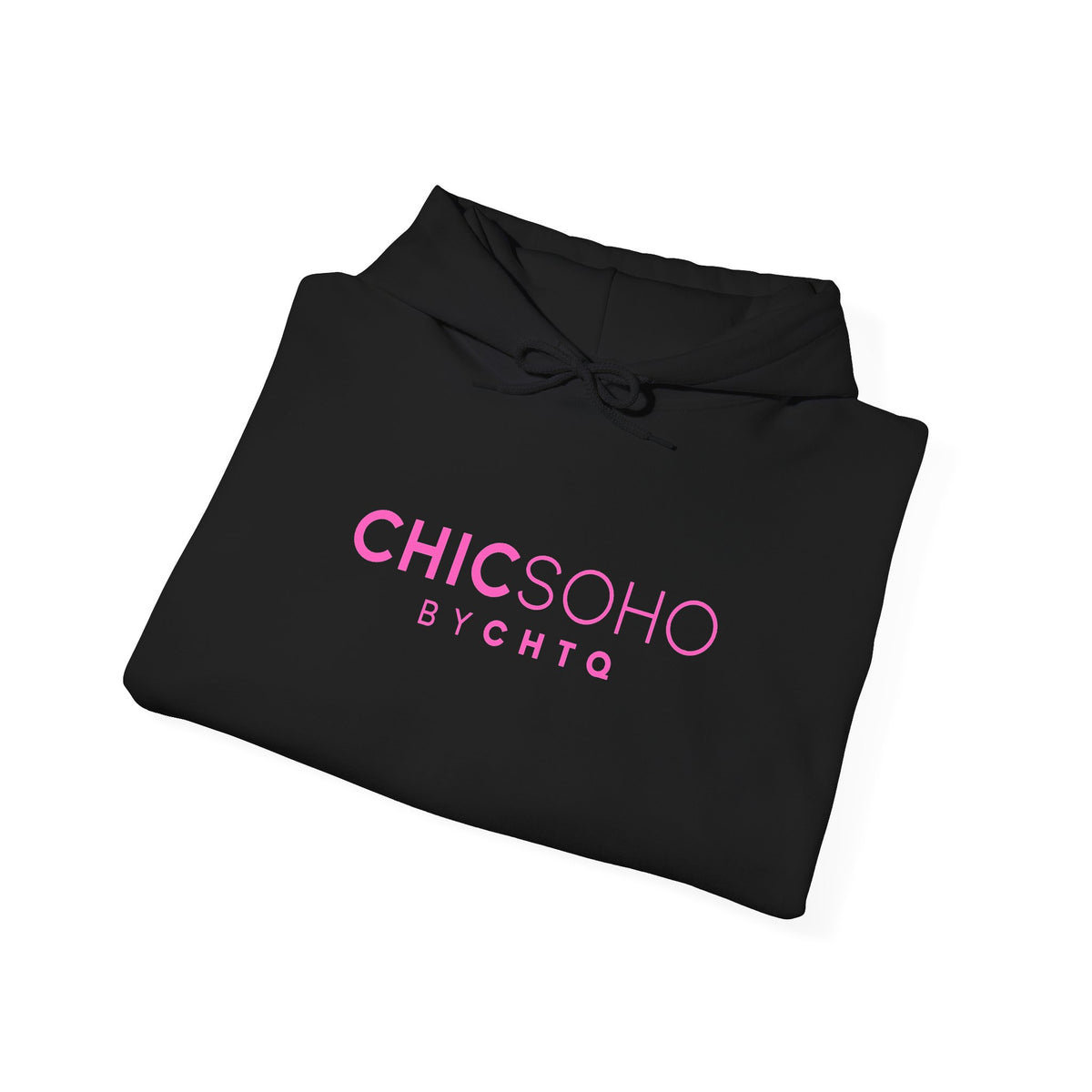 Black pullover hoodie with a pink CHICSOHO BY CHTQ logo printed on the chest, displayed on a clean white background.