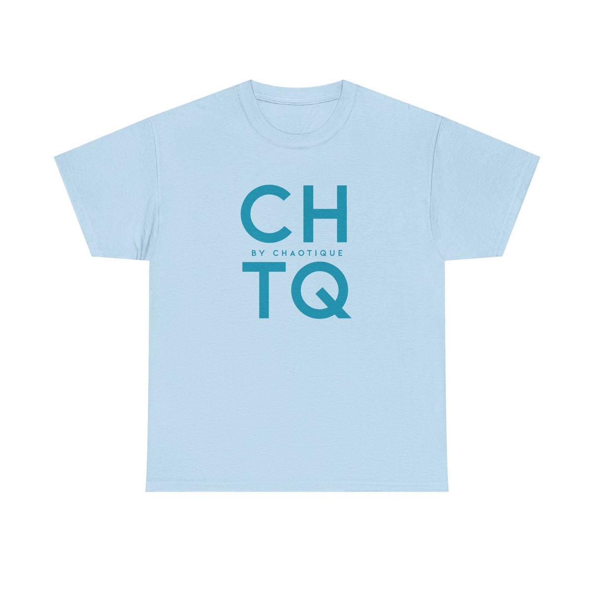 A light blue CHTQ BY CHAOTIQUE graphic T-shirt featuring a blue typographic print on the front, displayed against a clean white background.