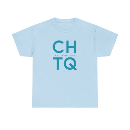 A light blue CHTQ BY CHAOTIQUE graphic T-shirt featuring a blue typographic print on the front, displayed against a clean white background.