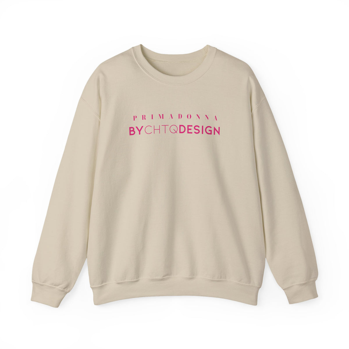 An beige crewneck sweatshirt featuring pink “PRIMADONNA BY CHTQ DESIGN” text across the chest, displayed against a clean white background.