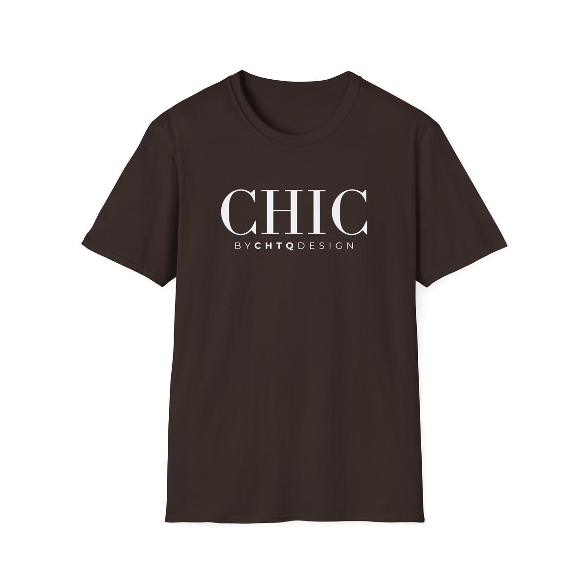 CHIC by CHTQ Design Women’s Graphic T-Shirt in brown with white typography on the front.