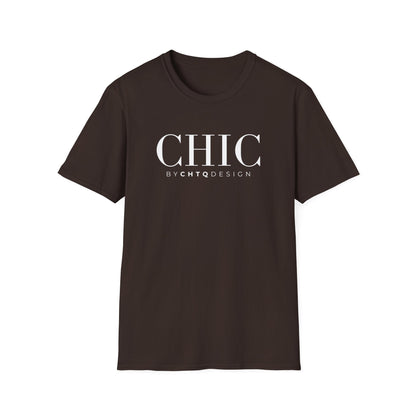 CHIC by CHTQ Design Women’s Graphic T-Shirt in brown with white typography on the front.