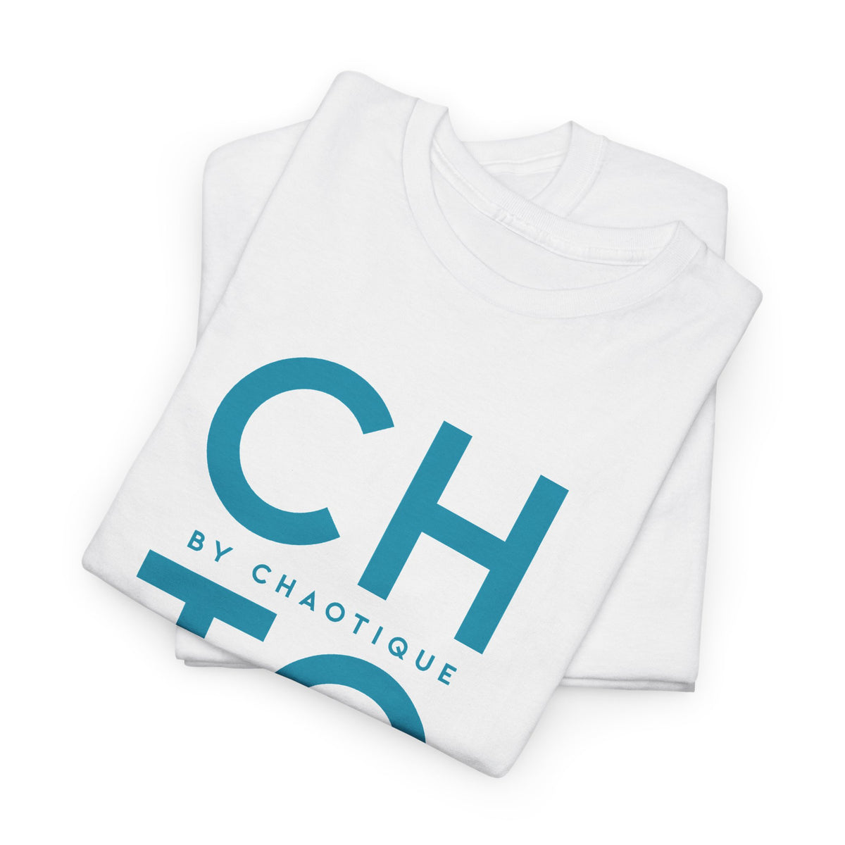 Folded white CHTQ BY CHAOTIQUE graphic T-shirt featuring a turquoise typographic front print, displayed against a clean white background.
