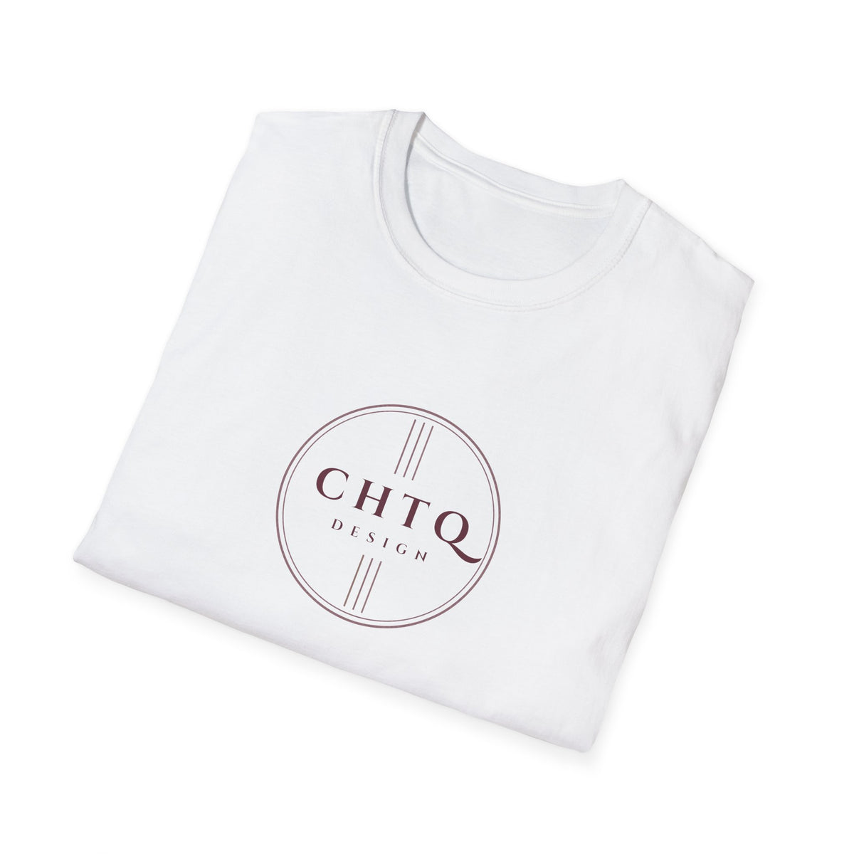 A folded white crewneck t-shirt with a circular burgundy logo on the front reading 'CHTQ DESIGN'.