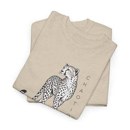 Folded Sand CHAOTIQUE graphic T-shirt with hand-drawn cheetah illustration, vertical CHAOTIQUE text and CHTQ Design details.