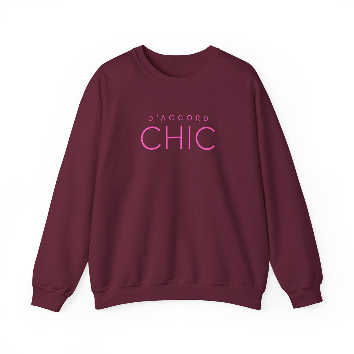 Maroon D’Accord Chic graphic crewneck sweatshirt with pink typography on the front, shown against a white background.