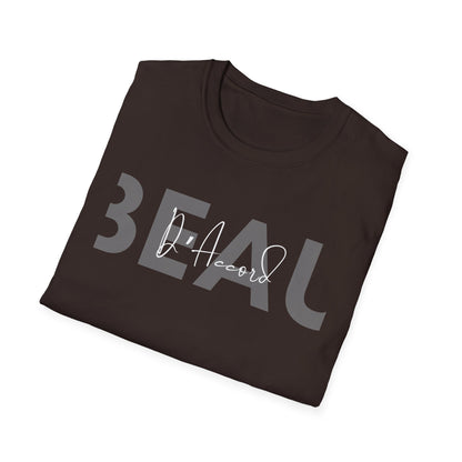 Folded Dark chocolate brown BEAU D’Accord graphic T-shirt featuring large grey BEAU lettering with white handwritten D’Accord script across the chest.