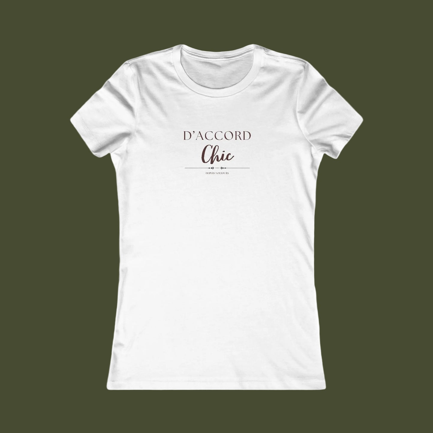 White t-shirt with 'D'accord Chic' text on a white background