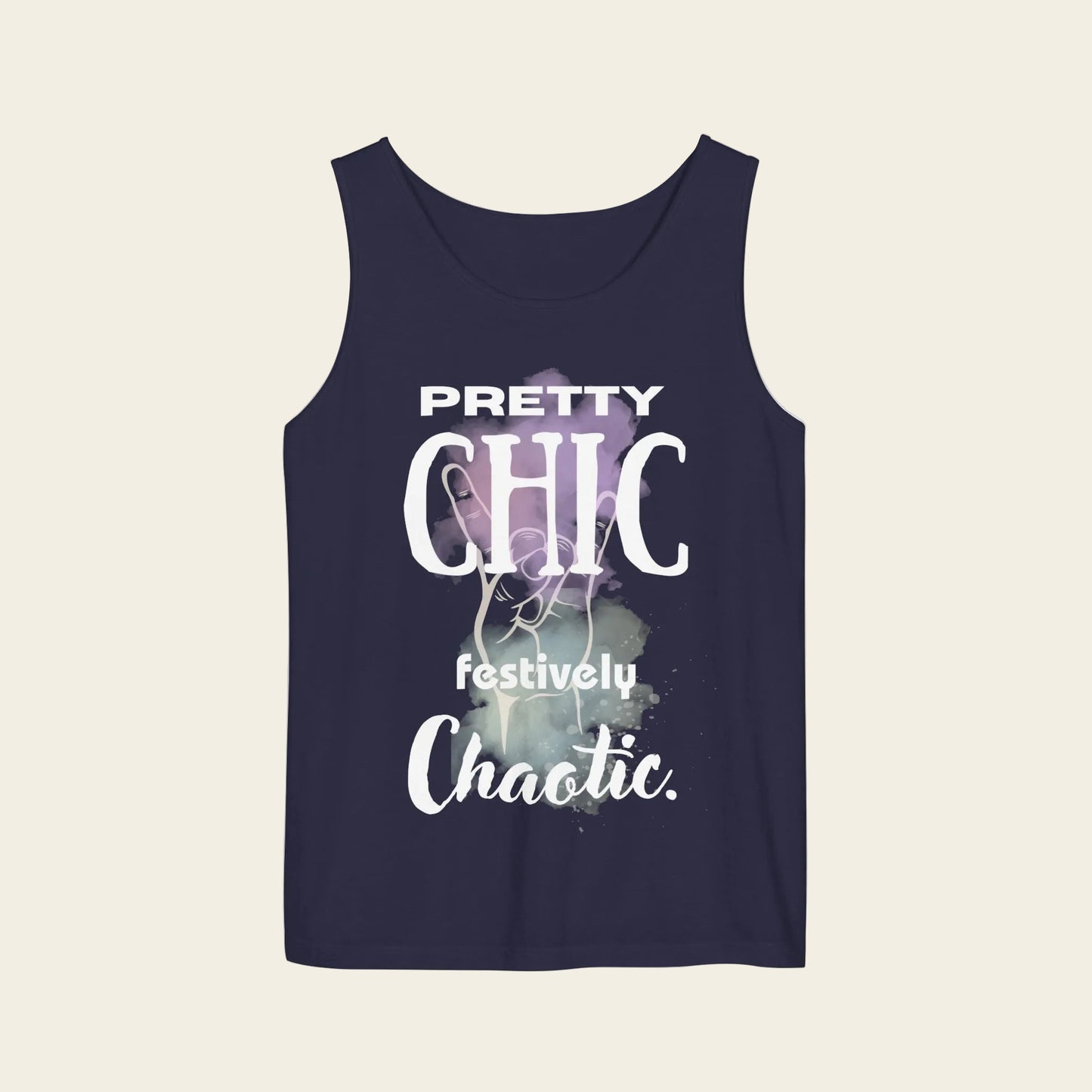 Tank top with text 'pretty chic festively chaotic´, color dark blue
