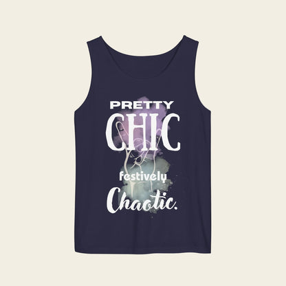 Tank top with text 'pretty chic festively chaotic´, color dark blue
