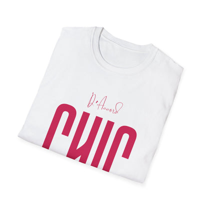 Folded white D’Accord CHIC graphic T-shirt showing the raspberry pink front print.