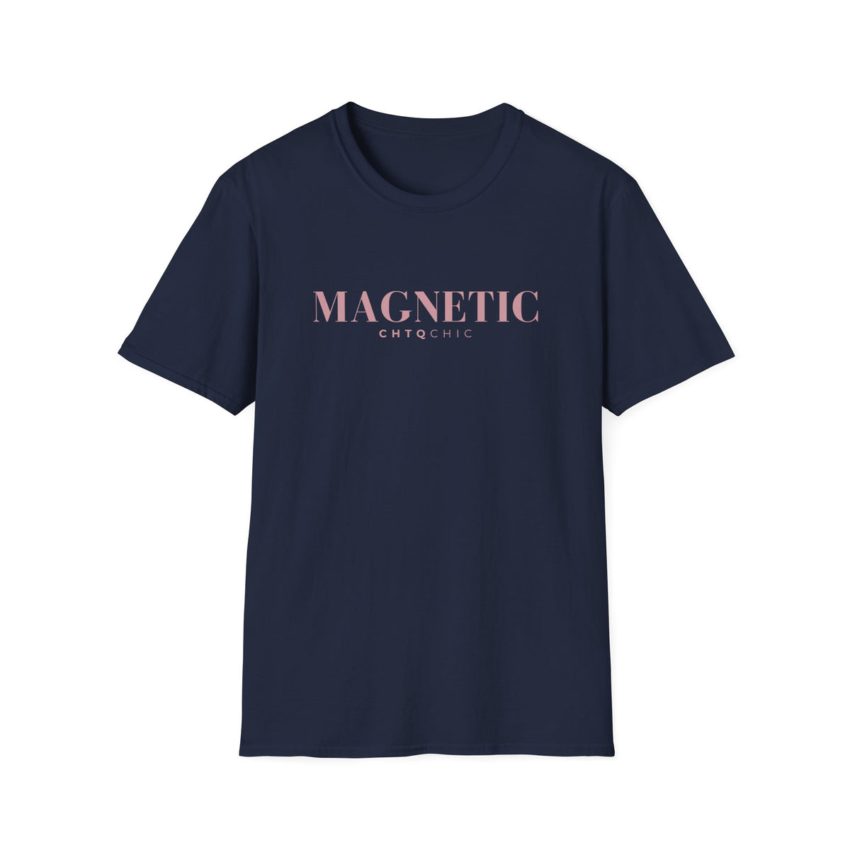 A navy short-sleeve graphic T-shirt featuring pink 'MAGNETIC' text with smaller 'CHTQ CHIC' lettering underneath, displayed against a clean white background.