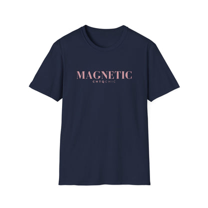 A navy short-sleeve graphic T-shirt featuring pink 'MAGNETIC' text with smaller 'CHTQ CHIC' lettering underneath, displayed against a clean white background.