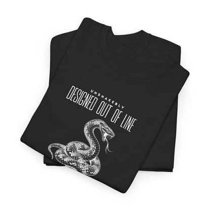 Folded black UNSNAKEBLY graphic T-shirt showing the snake illustration and printed typography.