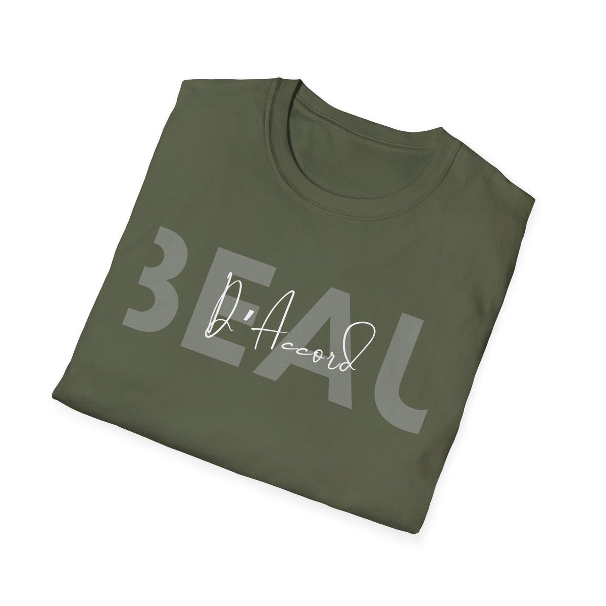 Folded Military green BEAU D’Accord graphic T-shirt featuring large grey BEAU lettering with white handwritten D’Accord script across the chest.