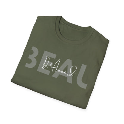 Folded Military green BEAU D’Accord graphic T-shirt featuring large grey BEAU lettering with white handwritten D’Accord script across the chest.