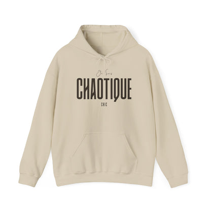 Sand beige Je Suis CHAOTIQUE CHIC graphic pullover hoodie with dark typography, drawstring hood and kangaroo pocket.