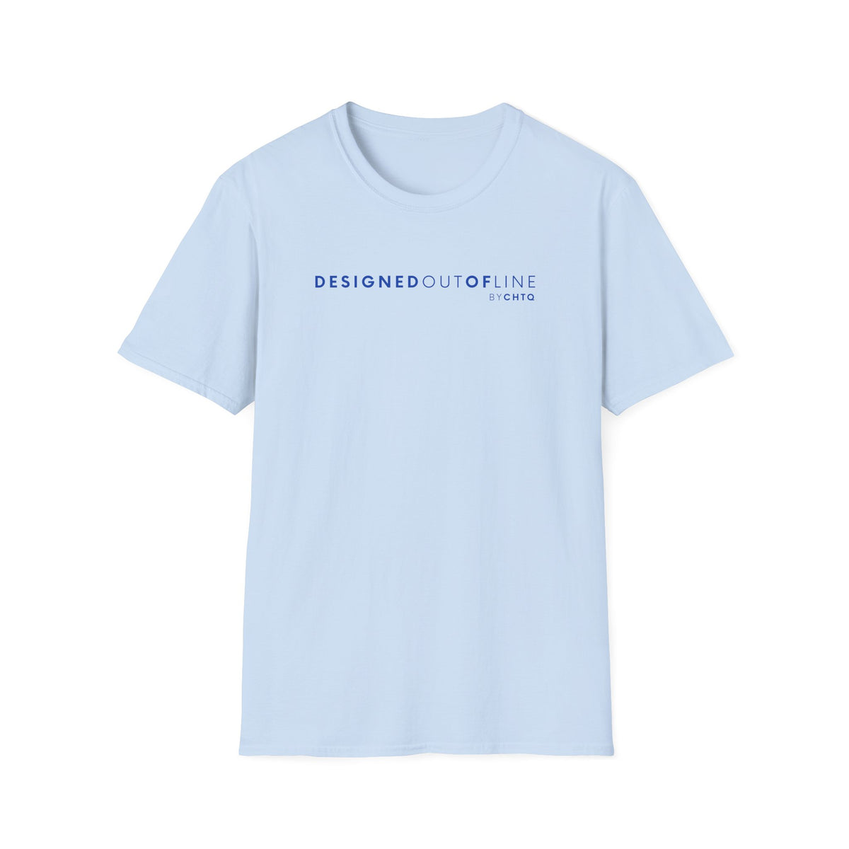 A light blue short-sleeve crewneck T-shirt with “DESIGNED OUT OF LINE” and “BY CHTQ” printed in dark blue on the chest, displayed on a clean white background.