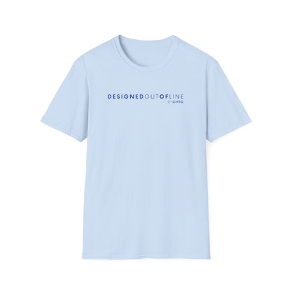 A light blue short-sleeve crewneck T-shirt with “DESIGNED OUT OF LINE” and “BY CHTQ” printed in dark blue on the chest, displayed on a clean white background.