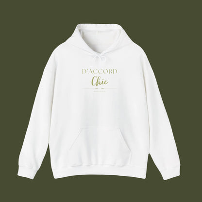 White hoodie with 'D'Accord Chic' text in gold on a white background