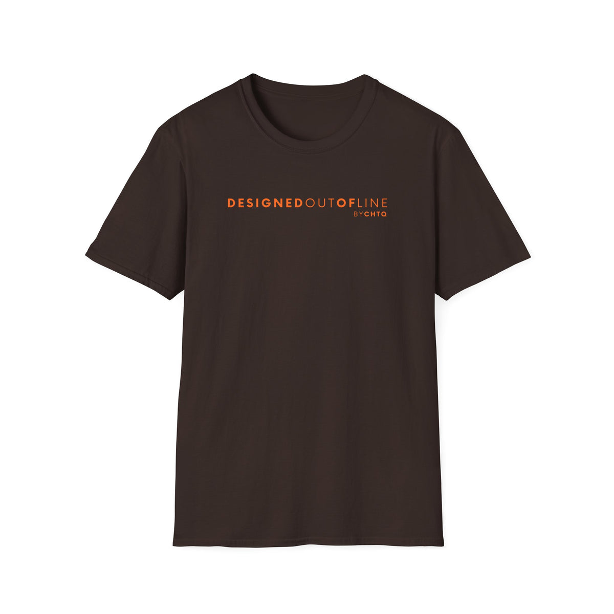Brown short-sleeve T-shirt with “DESIGNED OUT OF LINE” and “BY CHTQ” printed on the front, displayed against a clean white background.