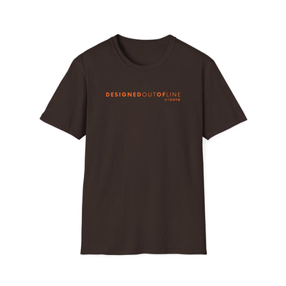 Brown short-sleeve T-shirt with “DESIGNED OUT OF LINE” and “BY CHTQ” printed on the front, displayed against a clean white background.