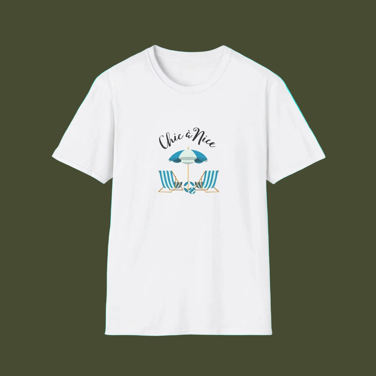 A white short-sleeve crewneck t-shirt featuring a central graphic of a blue beach umbrella and two striped blue and white beach chairs under the words 'Chic & Nice' in black script.