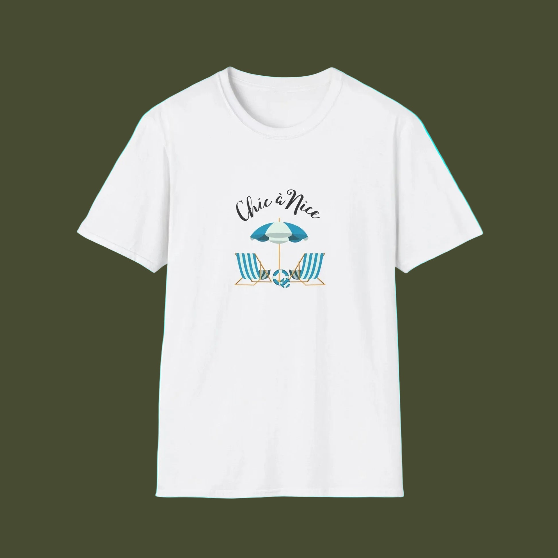 A white short-sleeve crewneck t-shirt featuring a central graphic of a blue beach umbrella and two striped blue and white beach chairs under the words 'Chic & Nice' in black script.