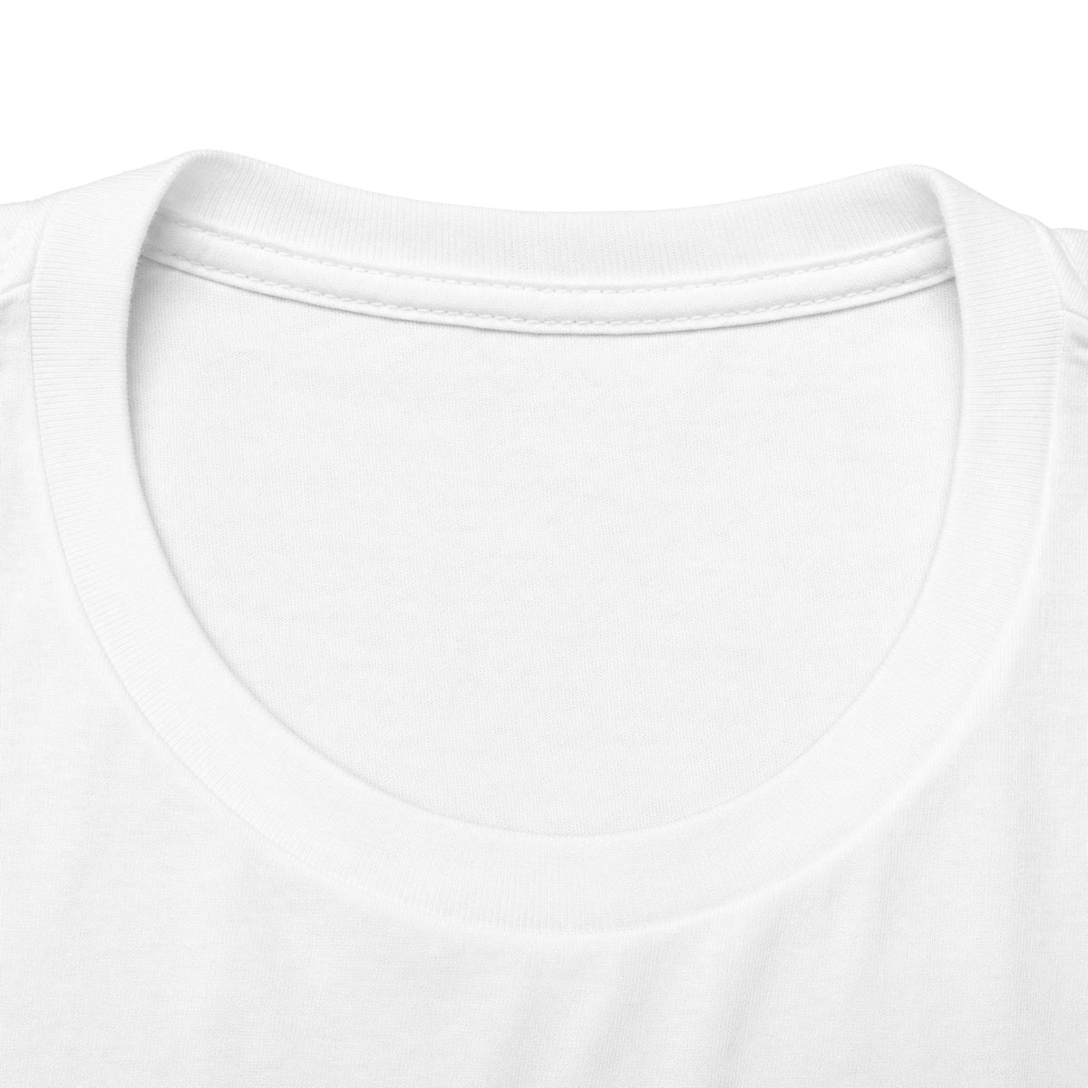 Close-up of a plain white crew-neck t-shirt showing the inner collar and ribbed neckline against a white background.