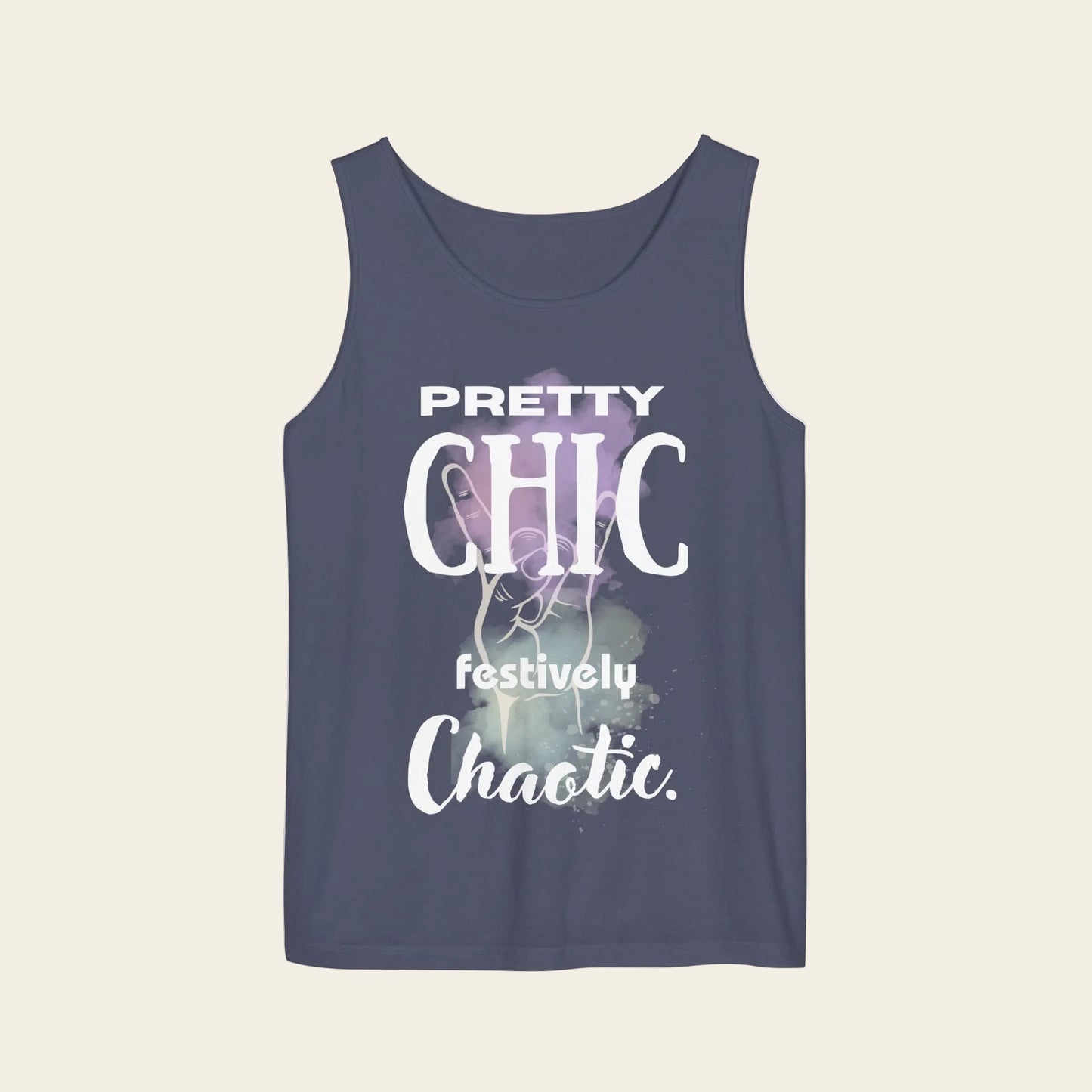 Tank top with text 'pretty chic festively chaotic´, color blue denim