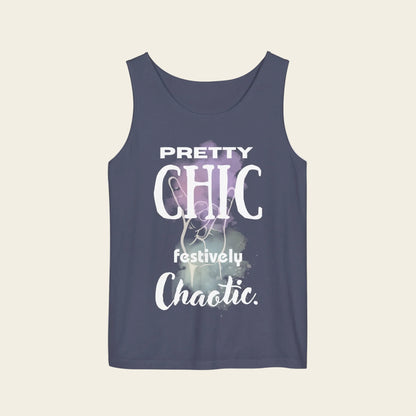 Tank top with text 'pretty chic festively chaotic´, color blue denim