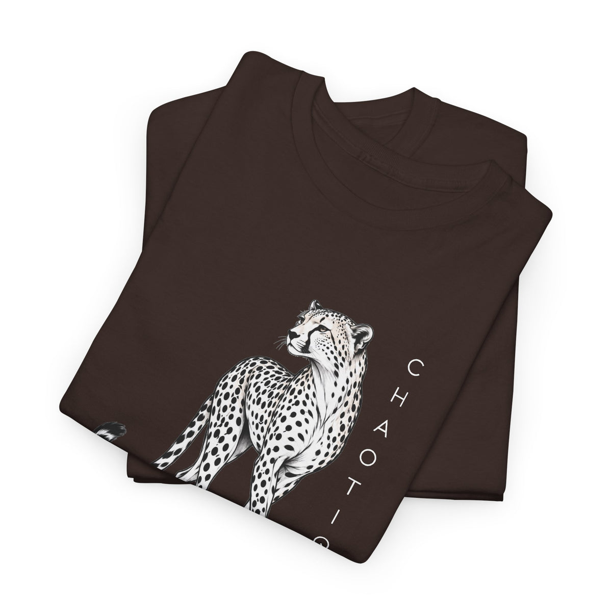 Folded Dark chocolate brown CHAOTIQUE graphic T-shirt with hand-drawn cheetah illustration, vertical CHAOTIQUE text and CHTQ Design details.