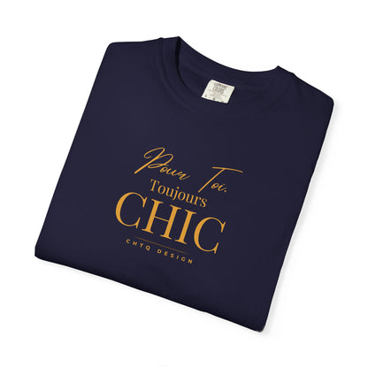 Folded navy CHTQ Design T-shirt with gold “Pour Toi. Toujours CHIC” typography on the front.