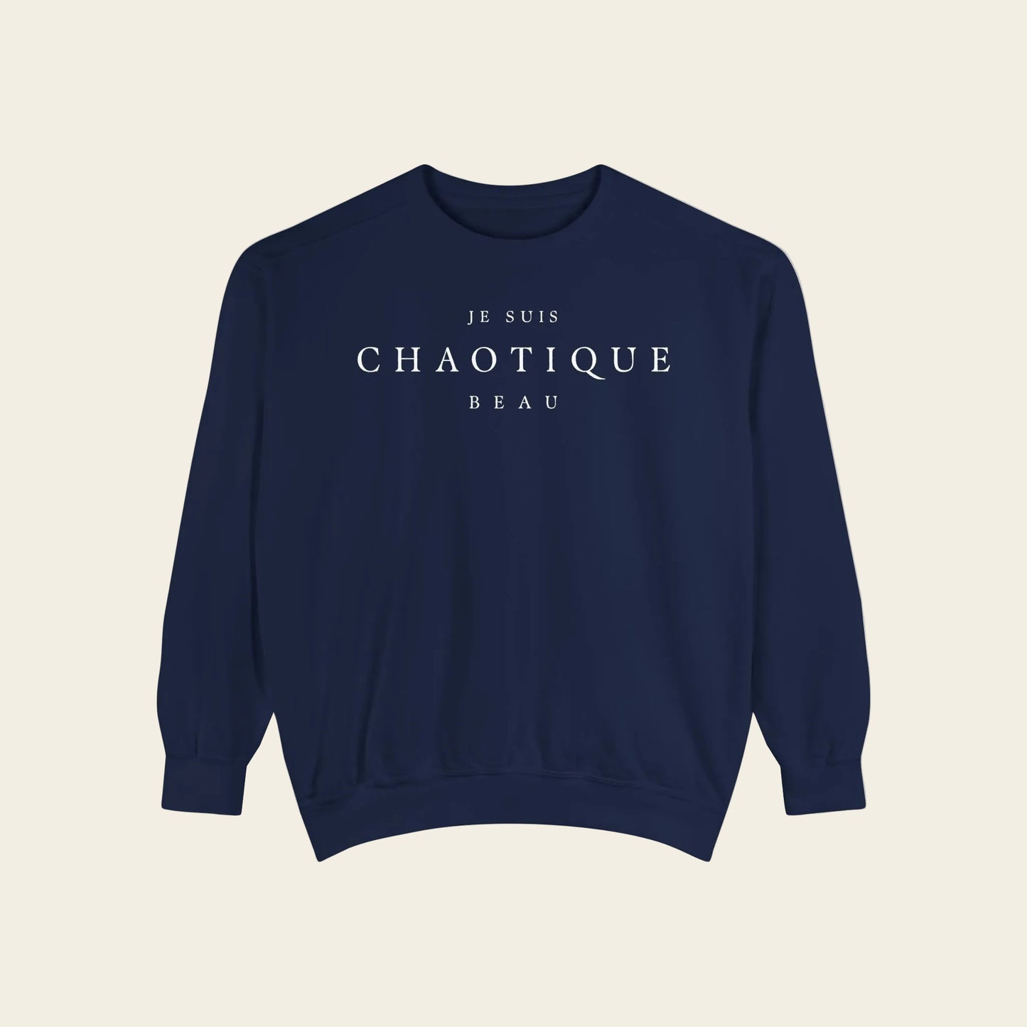 Navy blue sweatshirt with text on a white background