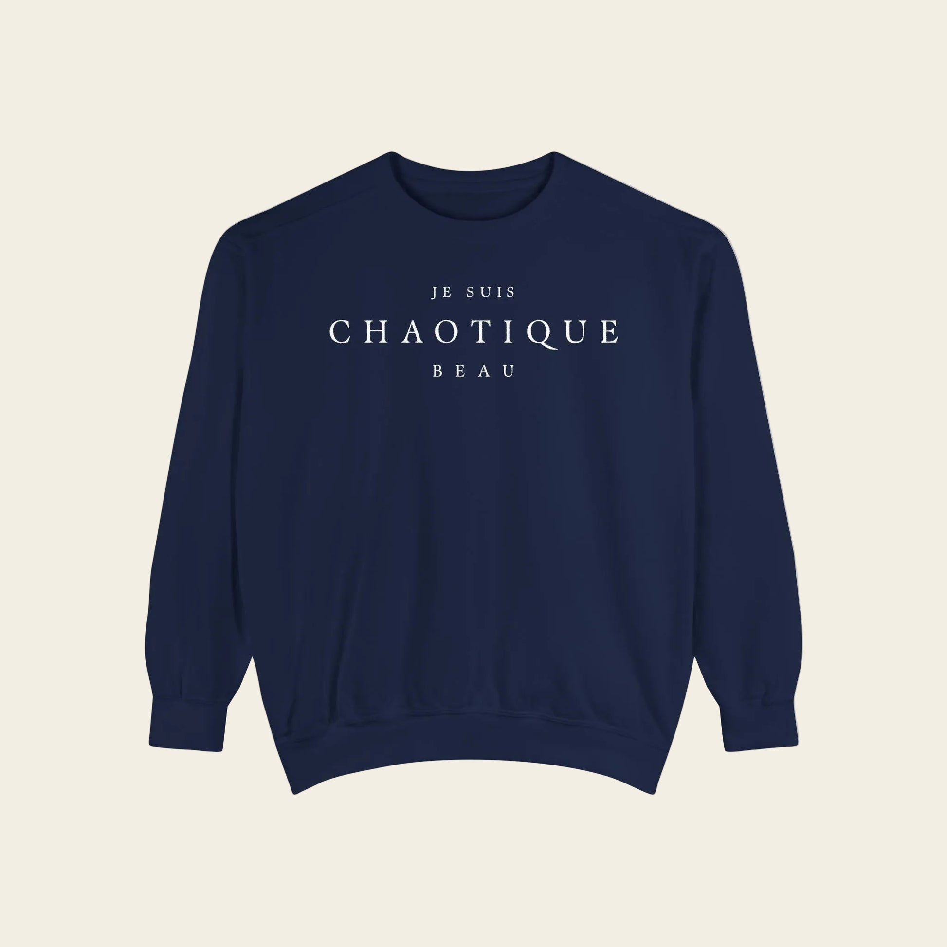 Navy blue sweatshirt with text on a white background