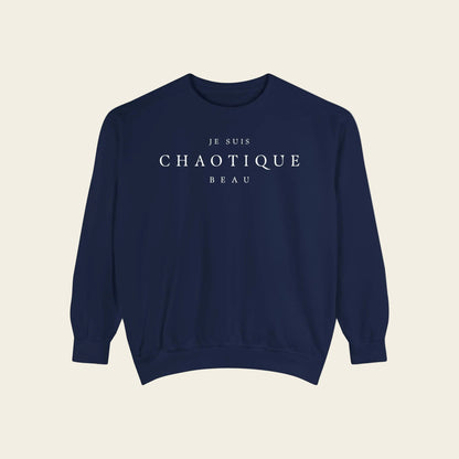 Navy blue sweatshirt with text on a white background