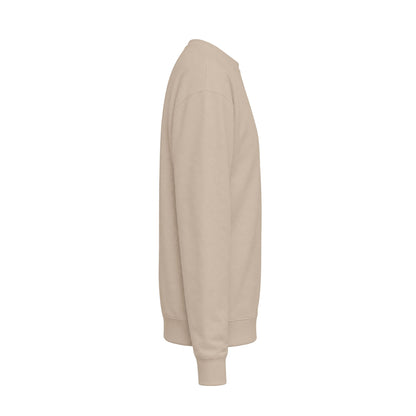 A side profile view of a crewneck sweatshirt in a light beige color, shown against a plain white background.