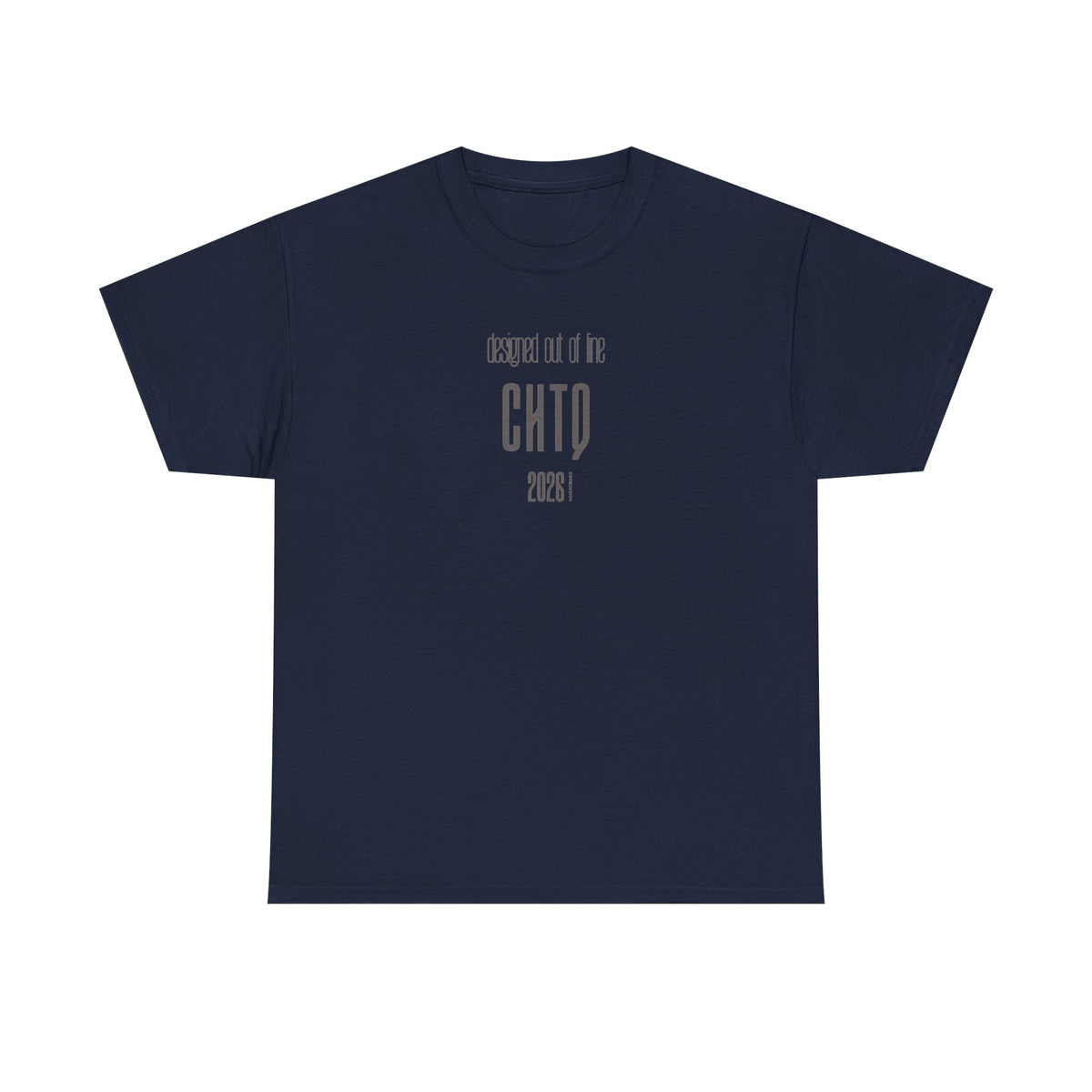 Navy Designed Out of Line CHTQ Graphic T-Shirt featuring minimalist gray CHTQ typography, “designed out of line” text, and 2026 detailing on the front.