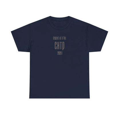 Navy Designed Out of Line CHTQ Graphic T-Shirt featuring minimalist gray CHTQ typography, “designed out of line” text, and 2026 detailing on the front.
