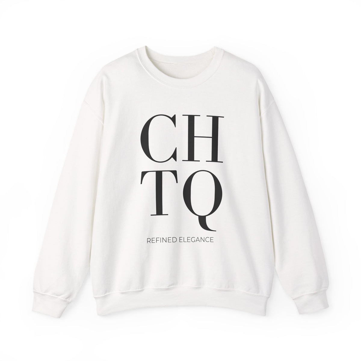 An off-white crewneck sweatshirt featuring a bold black graphic print on the front that reads 'CHTQ' with 'REFINED ELEGANCE' printed underneath in smaller text.