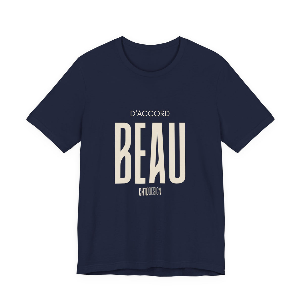 Navy blue D'Accord BEAU t-shirt with white text on a white background